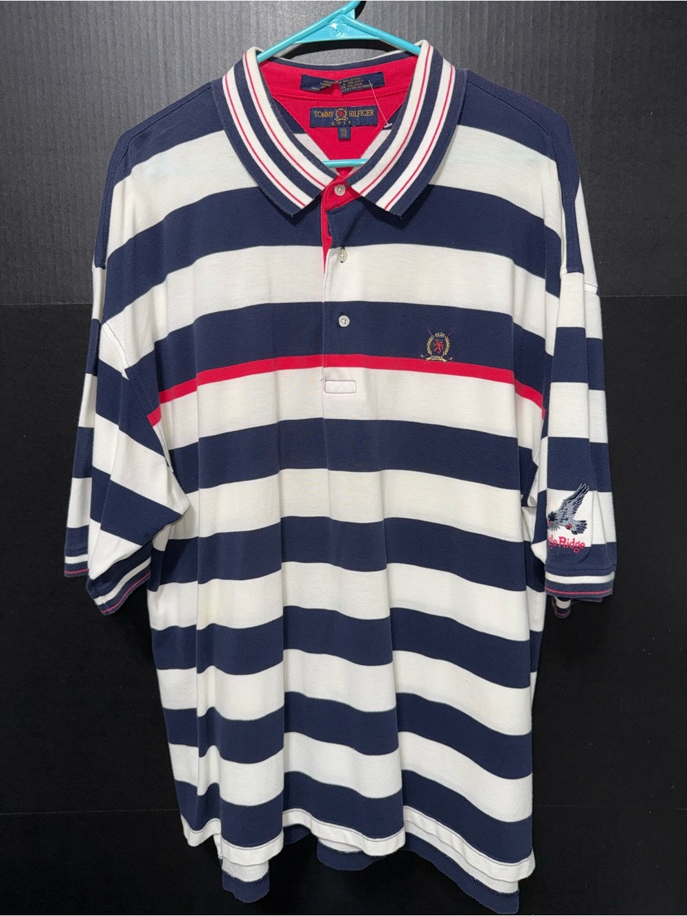 Vintage 90s Tommy Hilfiger Striped Rugby Polo Shirt Navy White Red Size XL